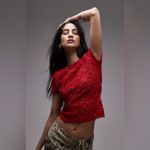 Topshop Sheer Red Lace T-Shirt